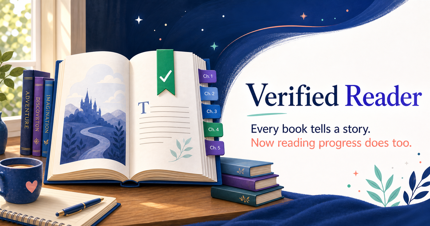 An open book with a Verified Reader checkmark bookmark